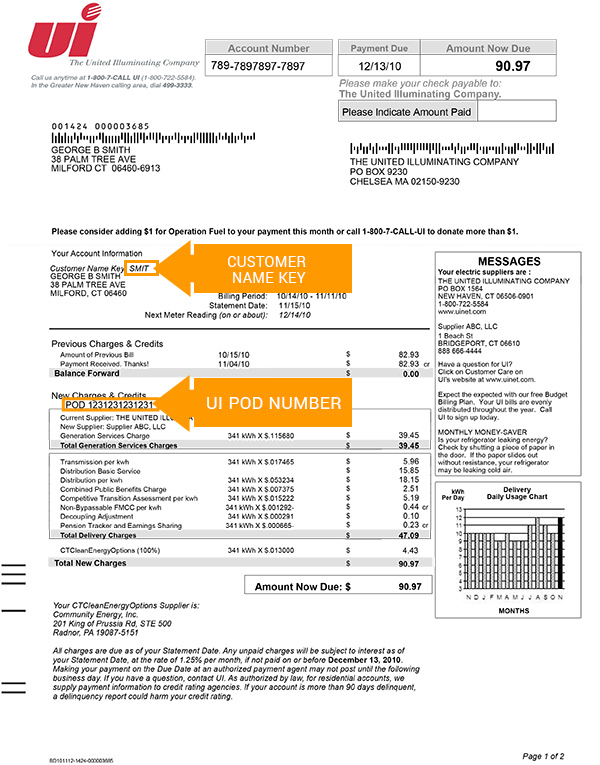 Sample United Iluminating Electricity Bill